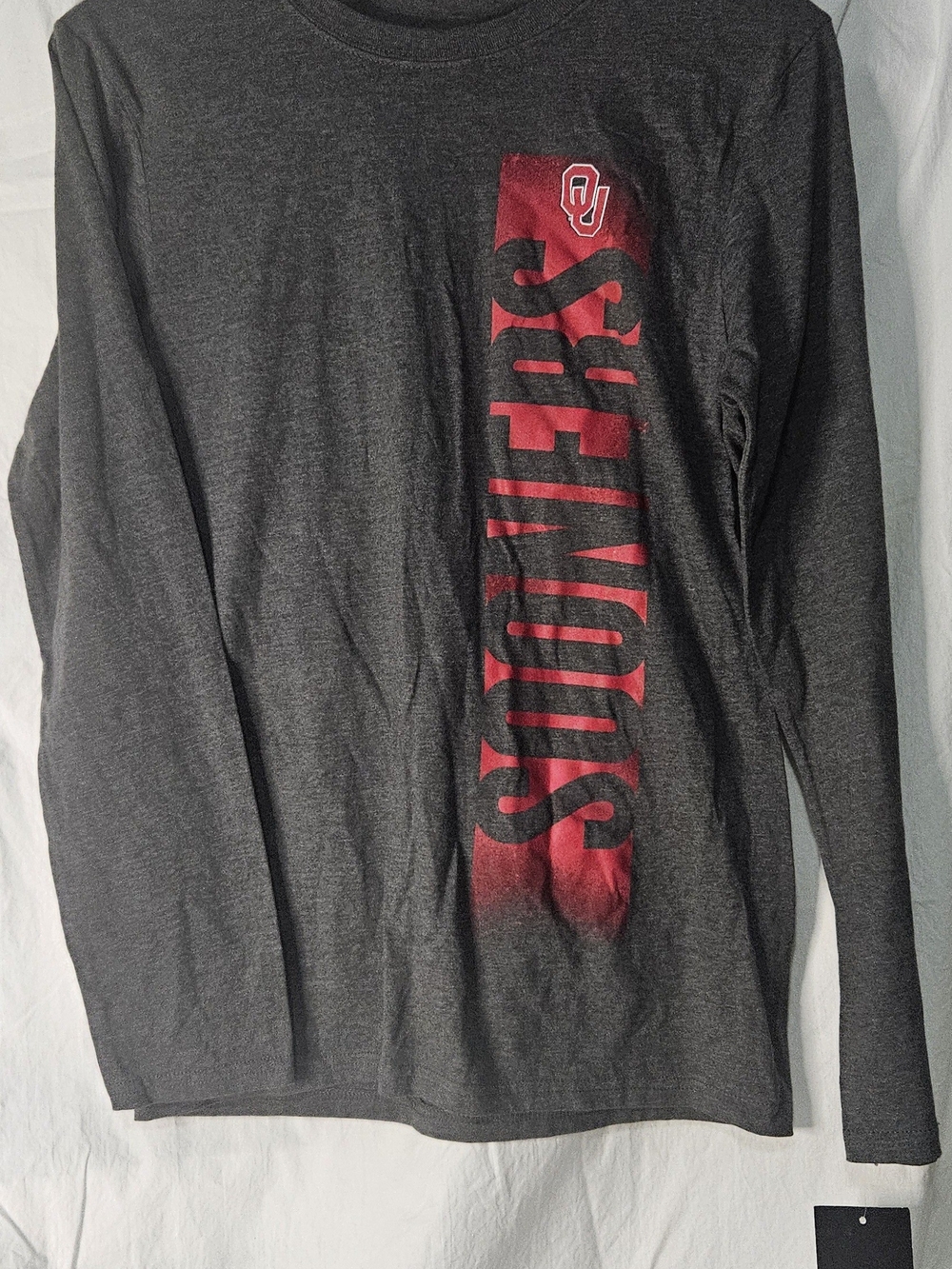 Oklahoma Sooners Gray Long Sleeve Tee with Red Vertical Logo
